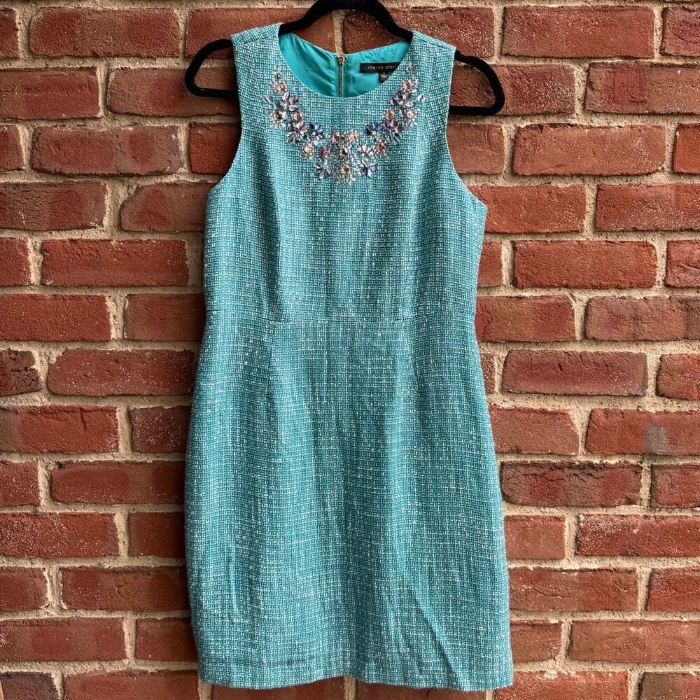 Cynthia Steffe $298 Ocean Jade Embellished Halter Sheath Midi Dress 10 NWOT